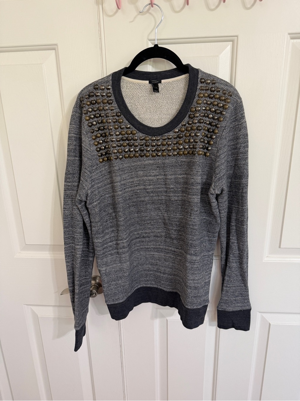 J.Crew L Embellished Chandelier Sweatshirt Gray Gold Silver Studded Cotton